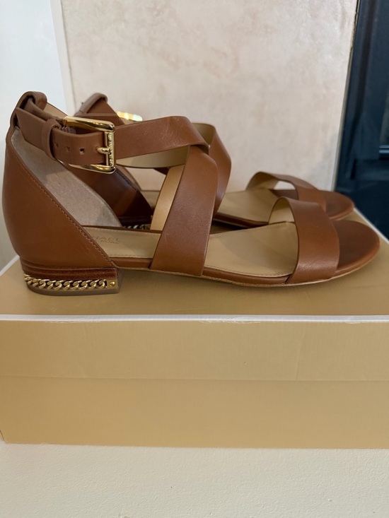 Michael Kors Shoes - Michael Kors Sabrina Brown Leather Strappy Sandals with Gold Chain Accent